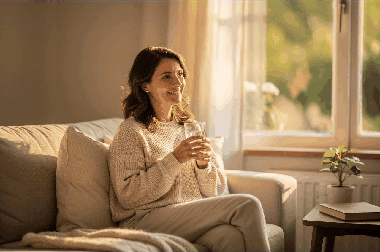 Woman relaxing at home with a glass of water, representing everyday UTI prevention habits
