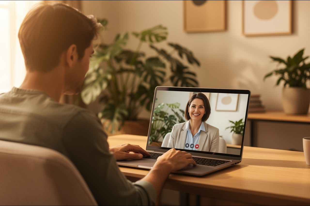 A patient in a telehealth consultation with a functional medicine provider, discussing digestive health from the comfort of their home.