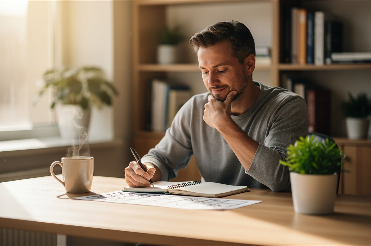 Adult concentrating at a desk in natural light with a notebook and puzzle, conveying calm focus and concentration training.