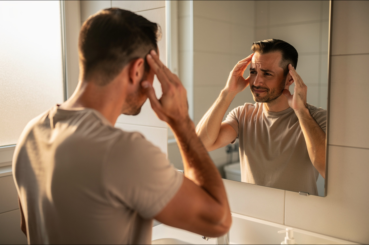 Thoughtful man examining his hairline in a mirror, representing awareness of hair loss and what it may reveal about health.
