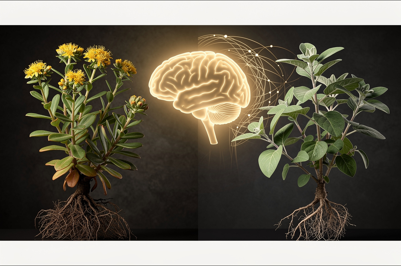 Side-by-side botanical illustration of Rhodiola rosea and Ashwagandha plants with a glowing brain silhouette between them, representing brain performance benefits