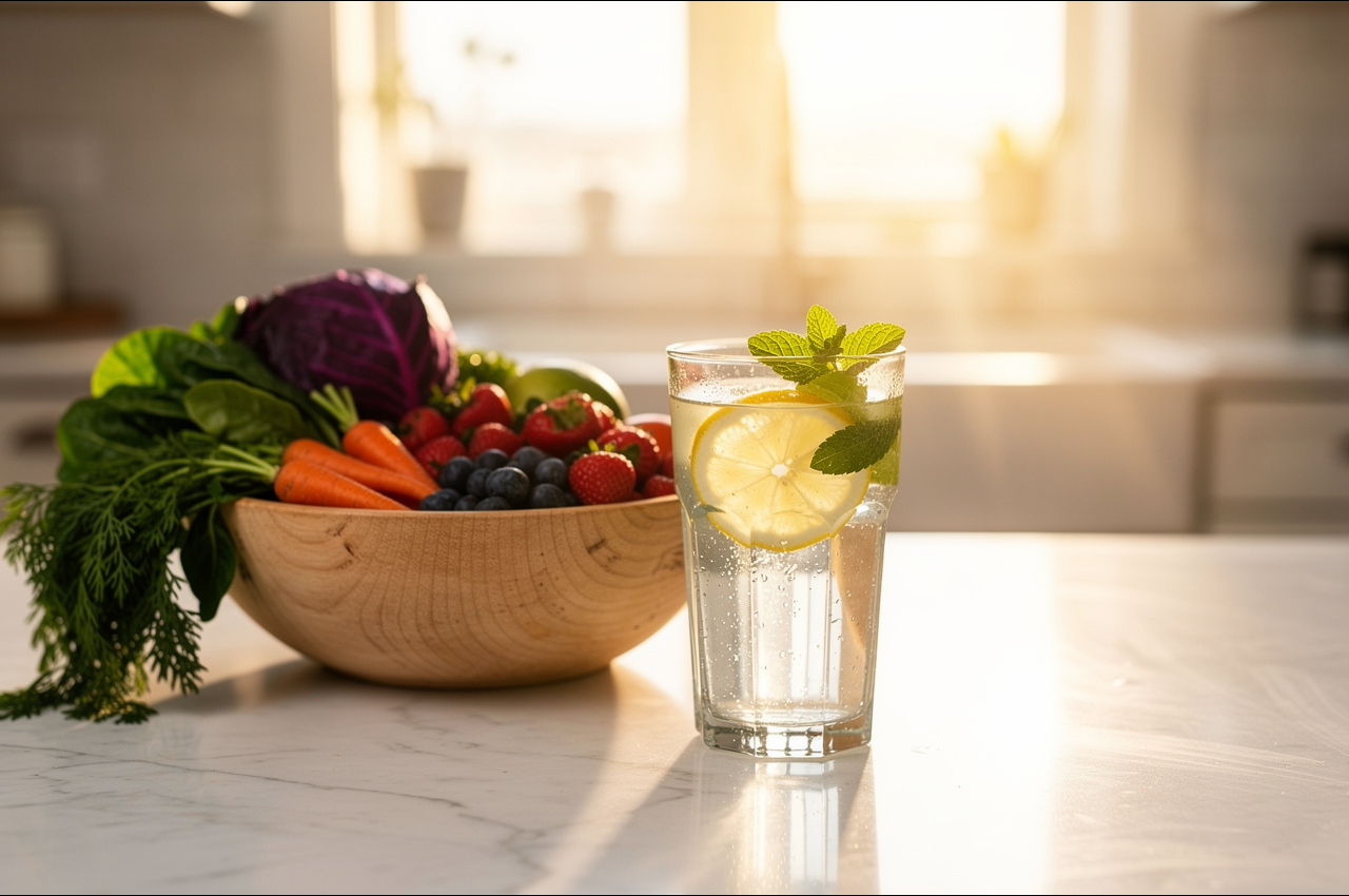 Glass of water with lemon beside a bowl of fresh fruits and vegetables in soft morning light