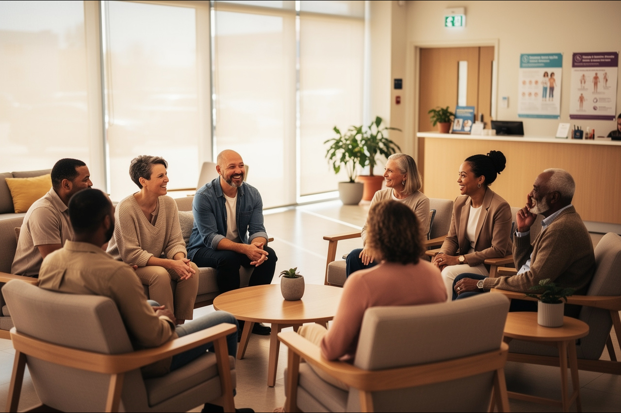 A diverse group of adults in a bright clinic lounge, representing the one in ten people living with an autoimmune disease