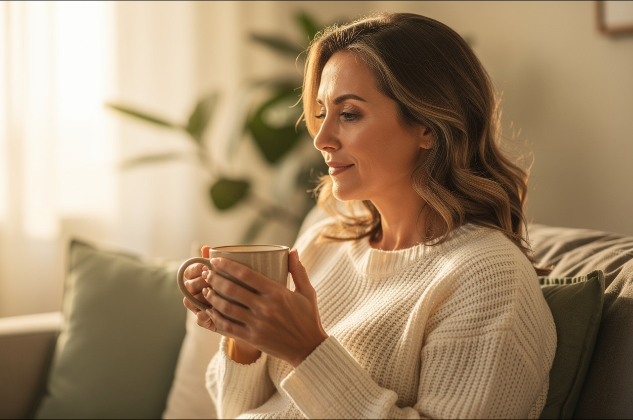 A calm woman in her early 40s holding a warm mug in soft morning light, representing a safe space to understand estrogen dominance.