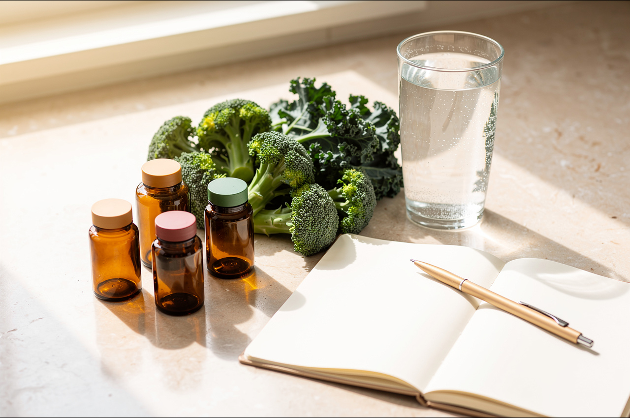 Overhead flat lay of unlabeled supplement bottles, broccoli and kale, a glass of water and a notebook, illustrating a map of supplements for detox pathways.
