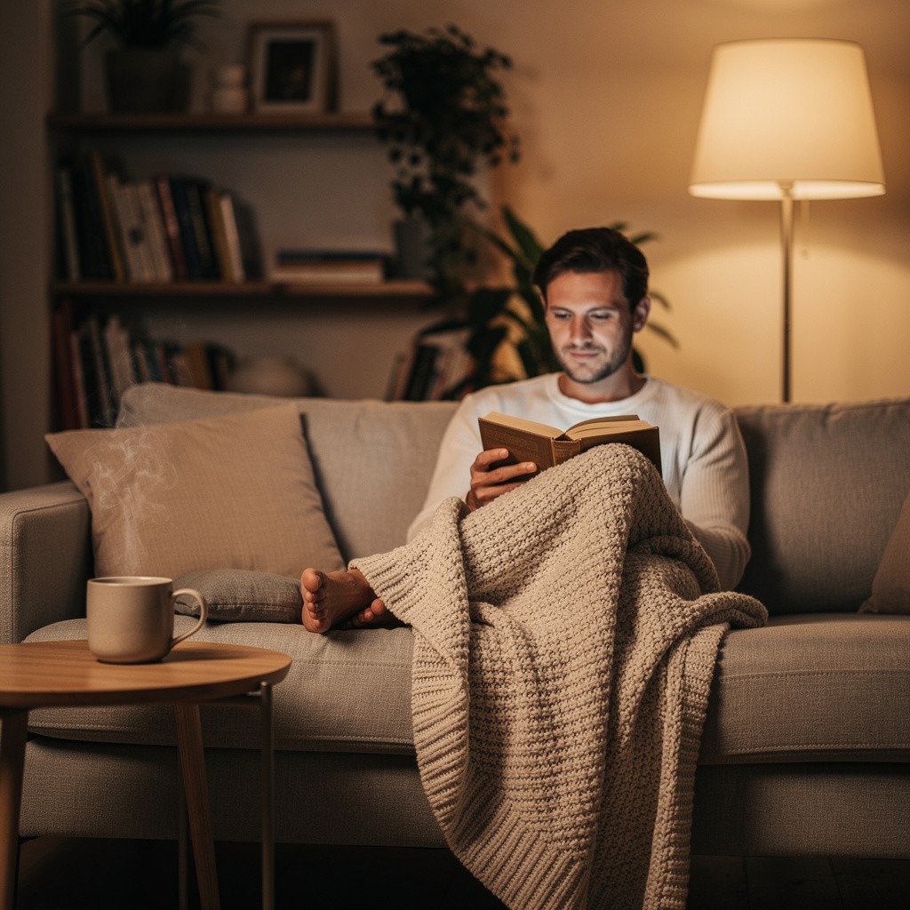 connection between sleep stress and hormones, a calm evening wind-down at home