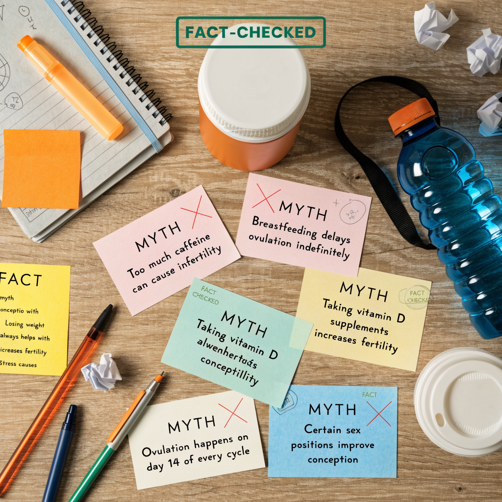 Visual metaphor showing common fertility myths being fact-checked and debunked against medical evidence.