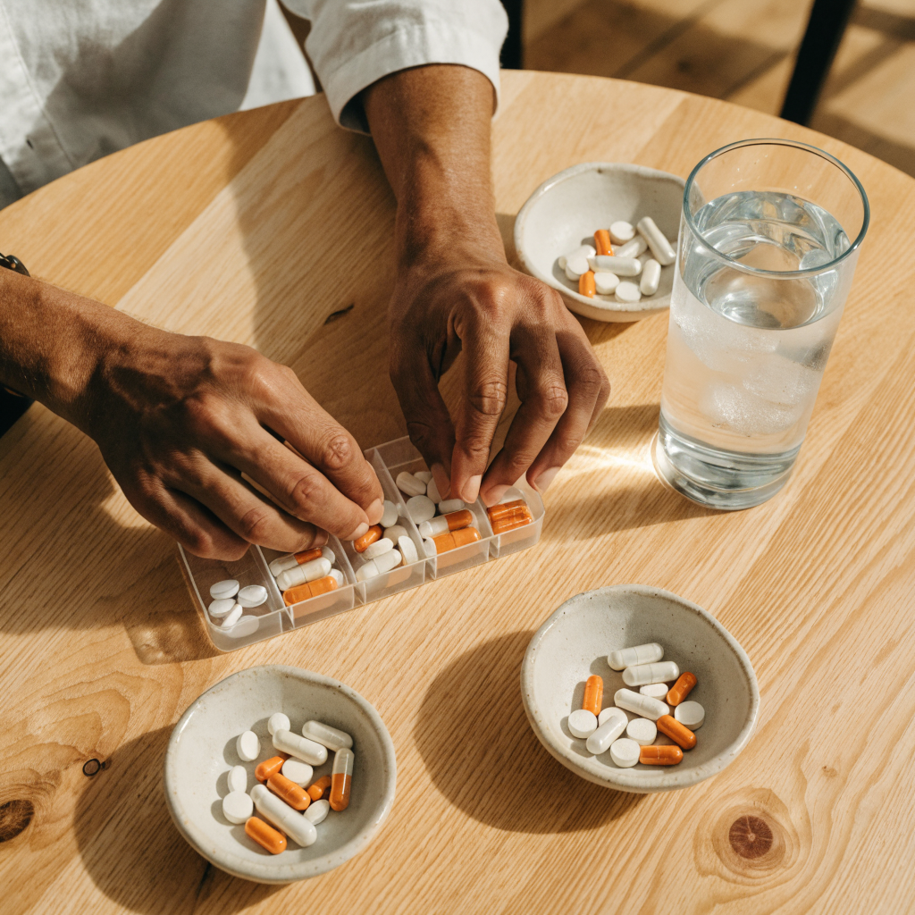 Hands sorting supplements into a weekly organizer beside a glass of water, showing supplement types organized by detox pathway.