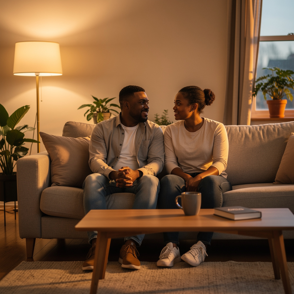 A couple sitting together on a sofa in evening light, talking and listening to each other