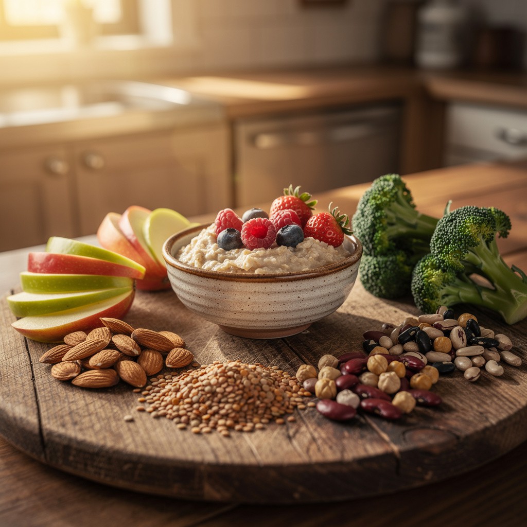 Fiber-rich foods on a cutting board representing the digestive system's role in hormone clearance through enterohepatic circulation