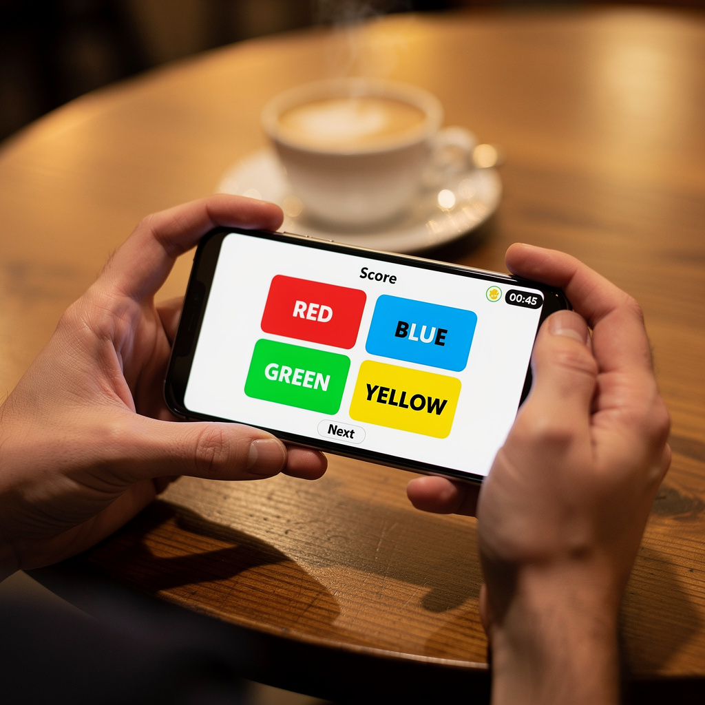 Hands playing a color-based concentration game on a smartphone during a break, representing brain training games for adults that improve concentration.