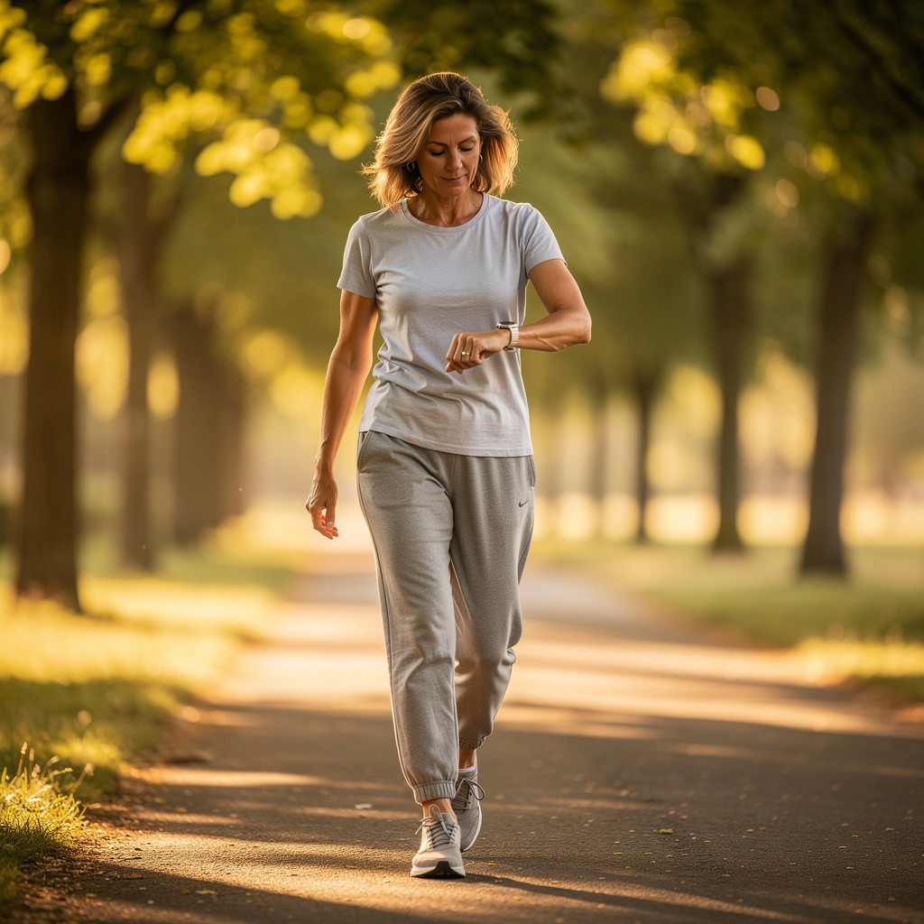 Woman walking outdoors tracking her pulse; heart health awareness across life stages
