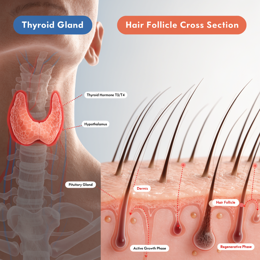 Illustration of thyroid health and hair thinning connection in men, showing how thyroid hormones affect the hair growth cycle