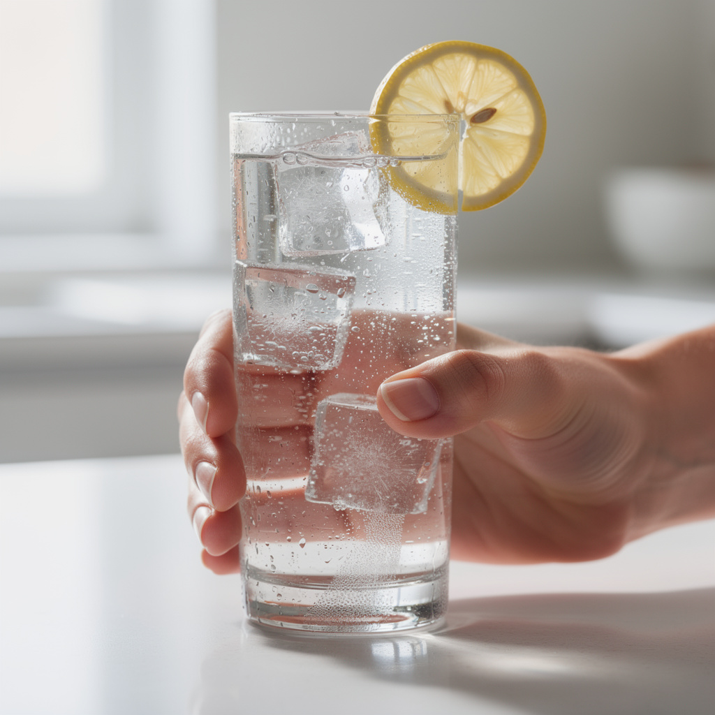Hands holding a glass of water with lemon and ice, promoting hydration for kidney health