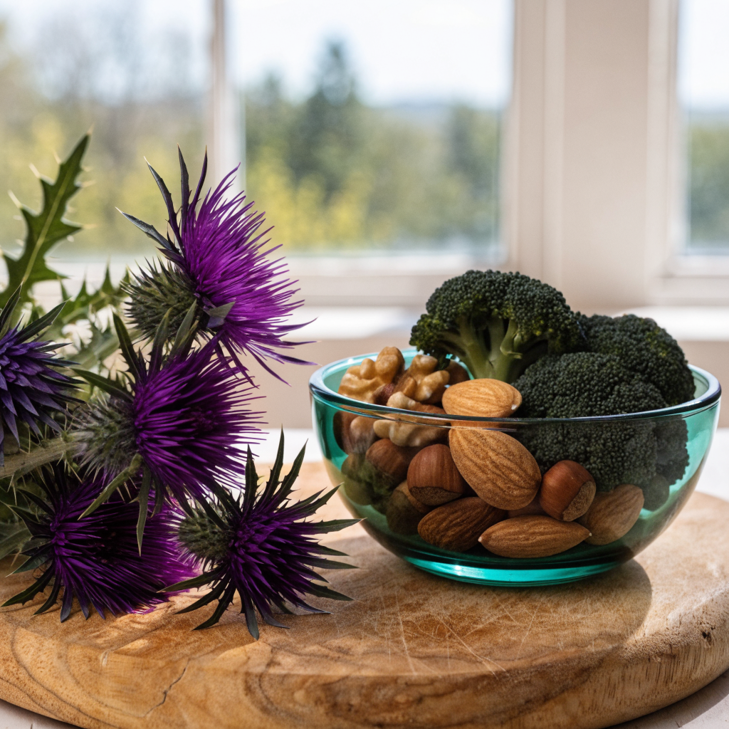 Milk thistle flowers next to broccoli and nuts, representing silymarin, selenium and cruciferous support for liver biotransformation.