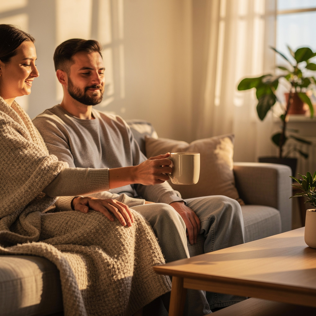 One partner handing a warm mug to the other under a blanket on the sofa