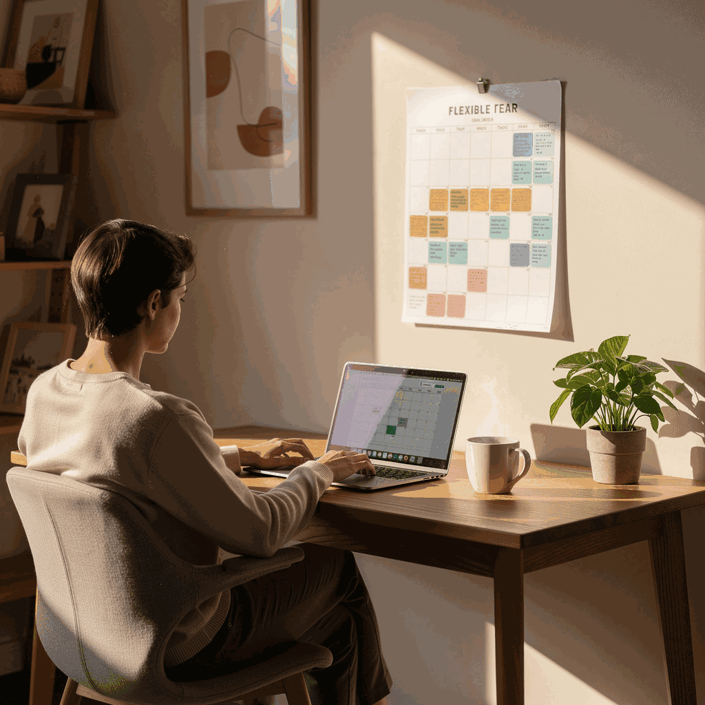 Person working from home beside a wall calendar with appointment blocks, representing intermittent FMLA leave for autoimmune flares