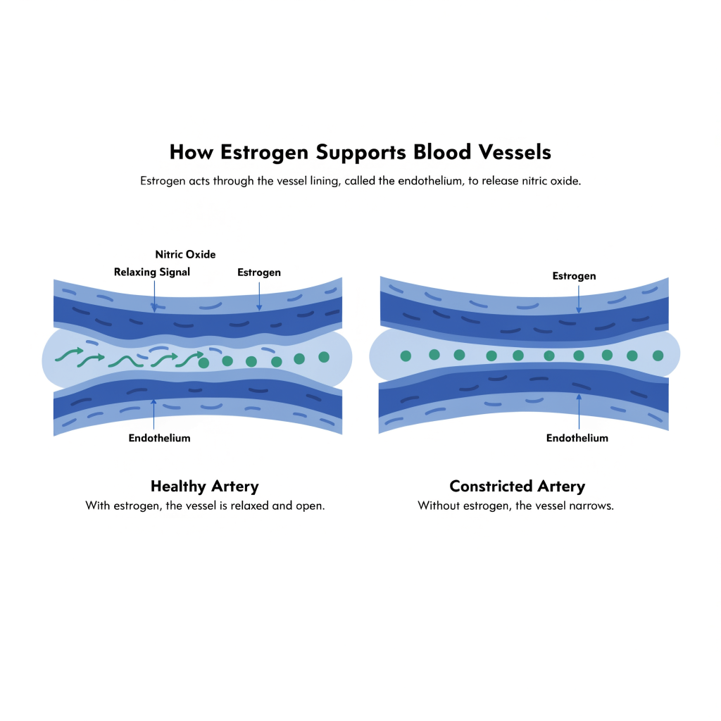 Editorial diagram of estrogen supporting the endothelium and nitric oxide mediated vasodilation