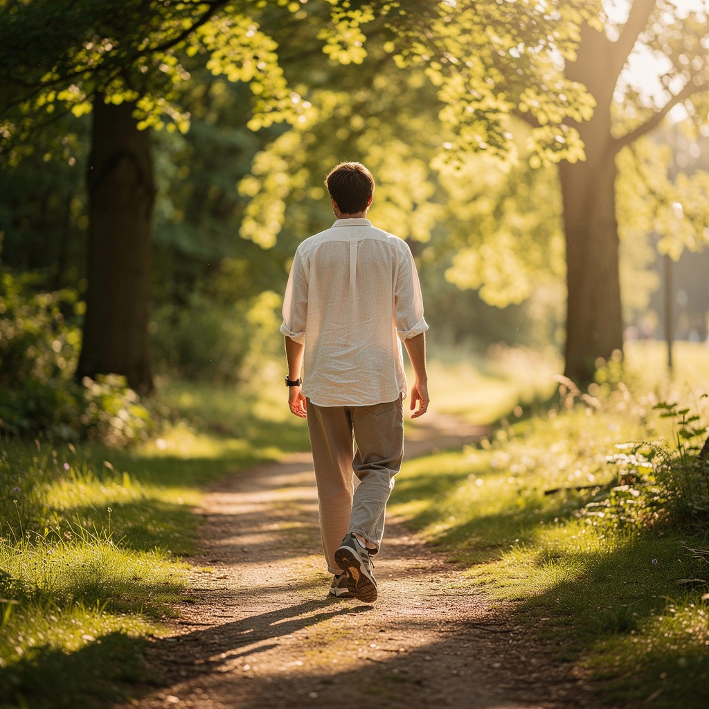 A relaxed walk outdoors representing how regular movement supports healthy digestive transit and hormone elimination