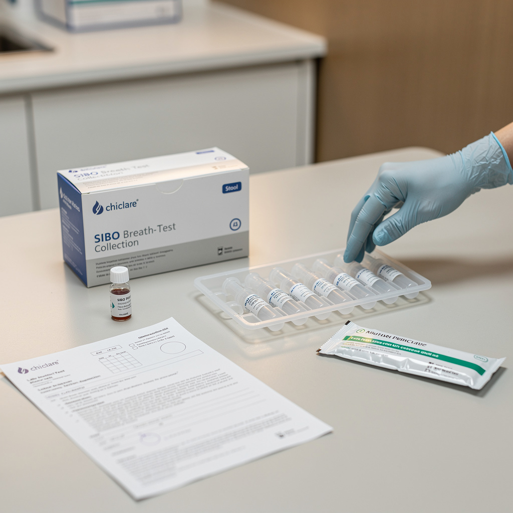A functional medicine lab testing kit setup including a stool analysis kit and SIBO breath test materials for diagnosing digestive issues.