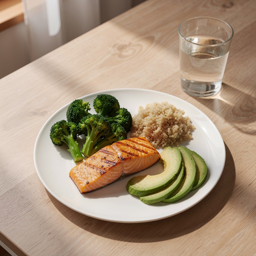 A plain balanced meal representing metabolic heatlh support in PCOS