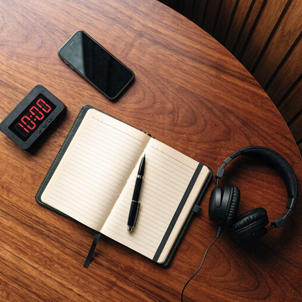 Timer and notebook on a clean desk with a phone face-down, representing zero-equipment attention tasks for adults that build focus at work.