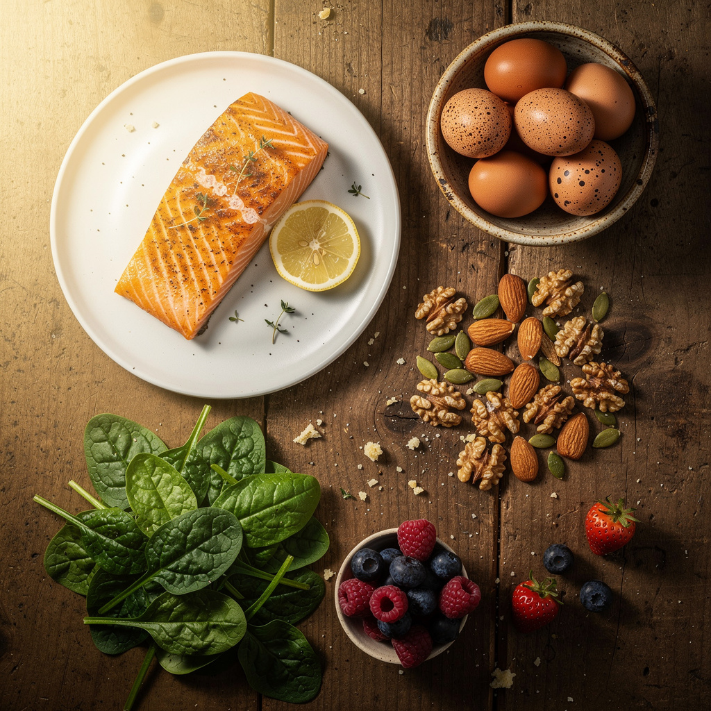 Nutrient-dense foods that support hair health in men, including salmon, spinach, eggs, nuts, and seeds
