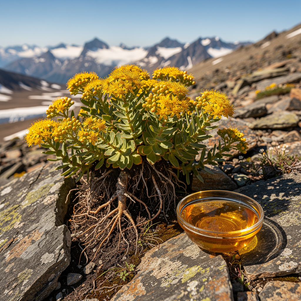 Rhodiola rosea plant with yellow flowers growing in rocky alpine terrain alongside a glass bowl of golden herbal extract