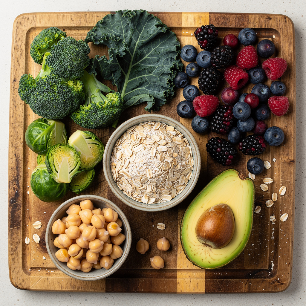 Overhead view of fiber-rich foods including broccoli, berries, kale, oats, and avocado on a wooden board