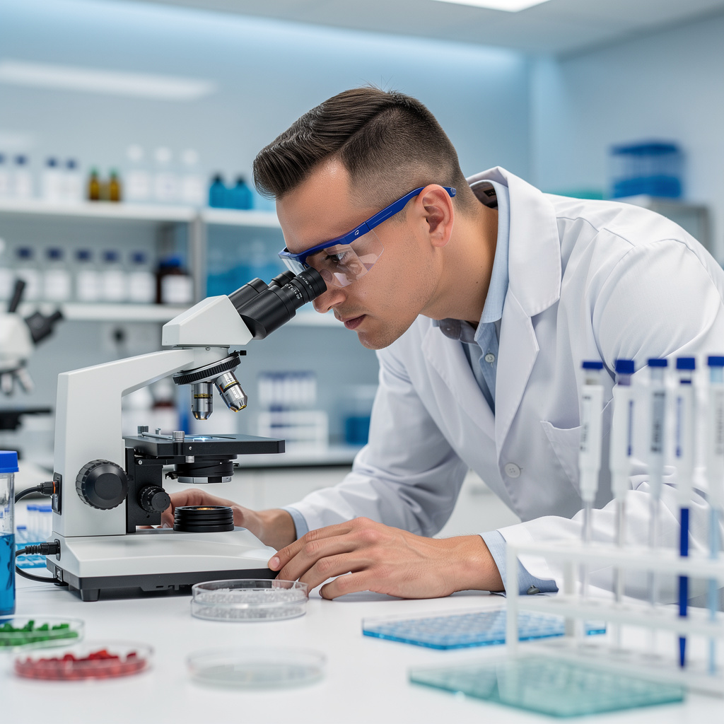 A researcher looking into a microscope in a bright laboratory, studying viral triggers of autoimmune disease like the Epstein-Barr virus and multiple sclerosis connection