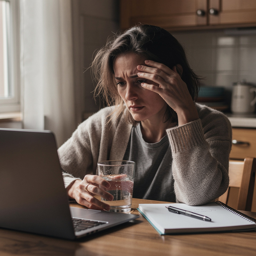 A woman resting her head in her hand at a kitchen table, representing the fatigue and brain fog of estrogen dominance.