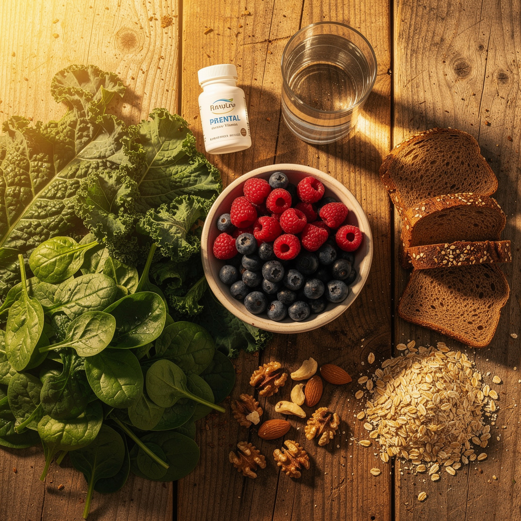 A flat-lay arrangement of fertility-friendly foods including leafy greens, berries, nuts, and whole grains alongside a prenatal vitamin and water.