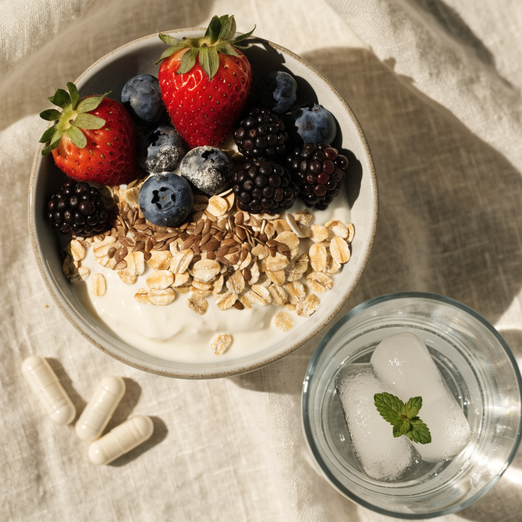 Yogurt, oats, berries, flaxseed and water with a few plain capsules, representing fiber and probiotic support for gut elimination.