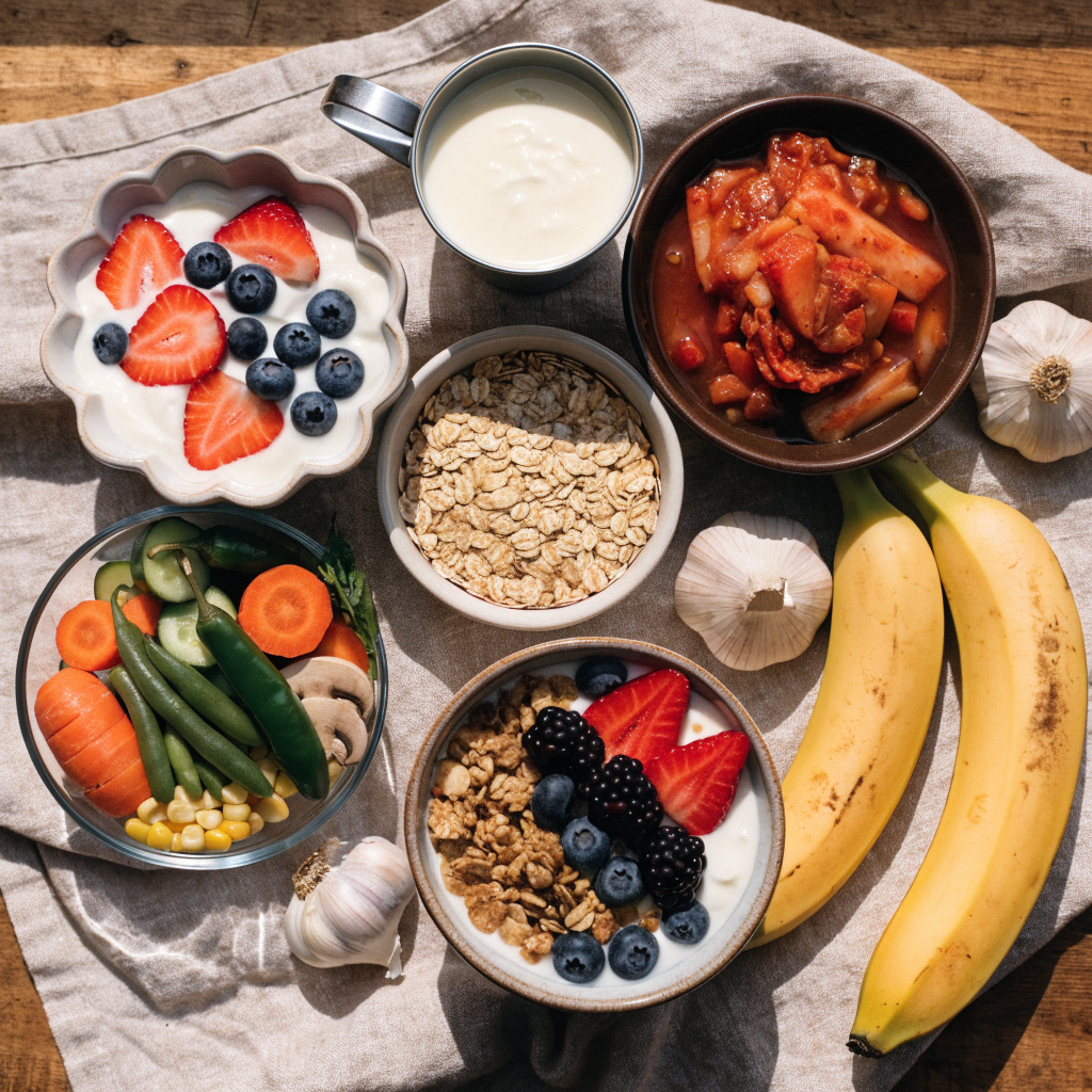 Overhead spread of fermented and high-fiber foods that feed the gut bacteria behind short-chain fatty acid production.