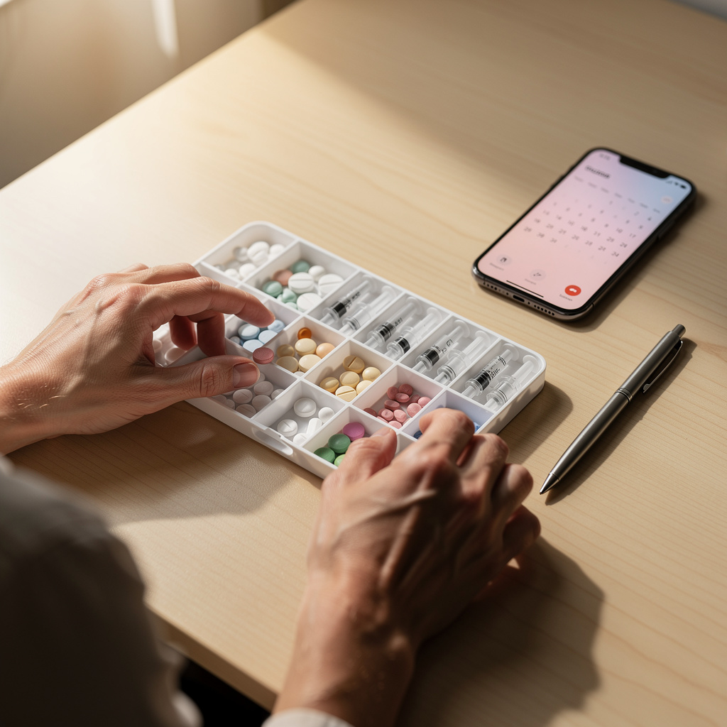 Hands organising a weekly treatment planner beside a phone and pen