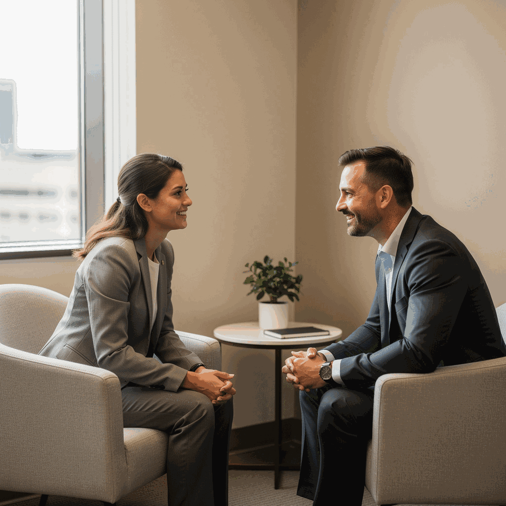 Employee and manager talking in a private meeting area, representing talking to your manager about an autoimmune condition
