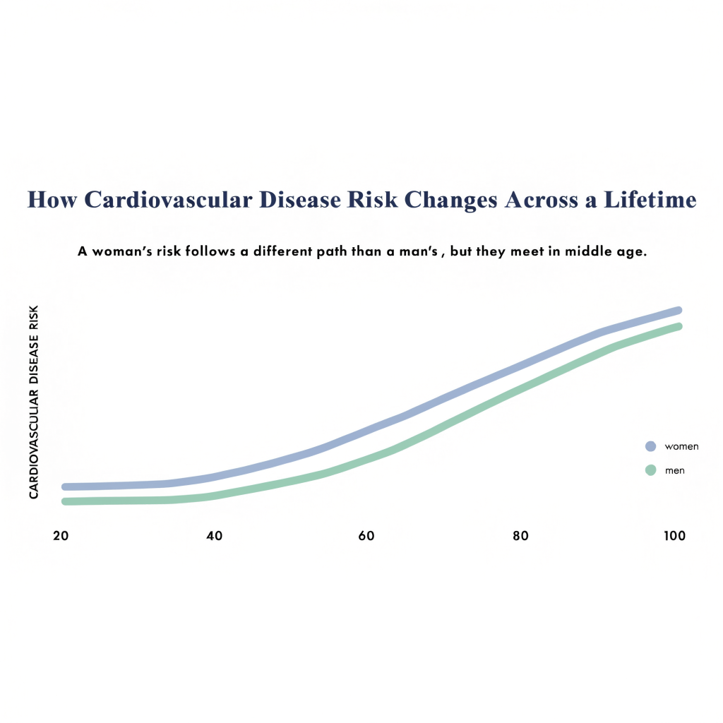 Line chart of cardiovascular risk curves for women and men before and after menopause