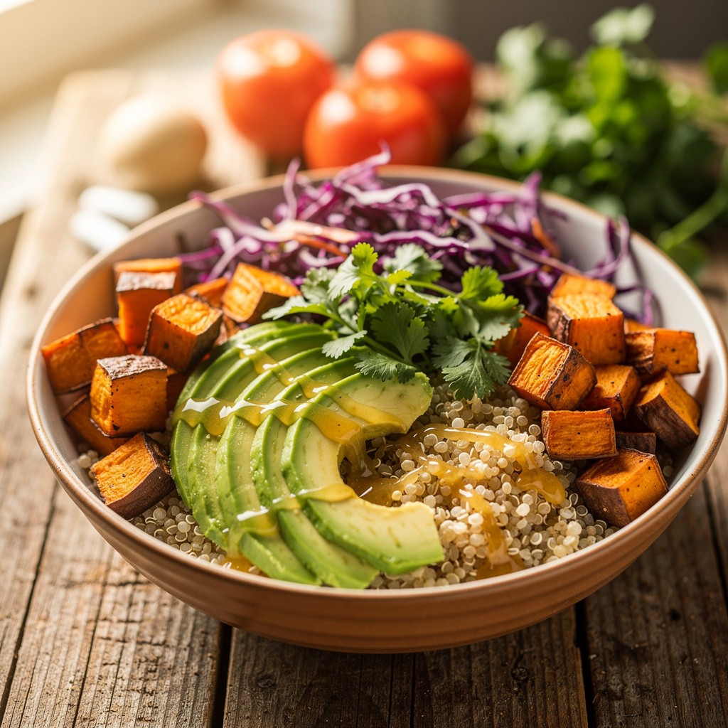 A colorful plant-rich meal representing how dietary diversity supports a healthy estrobolome and balanced gut microbiome