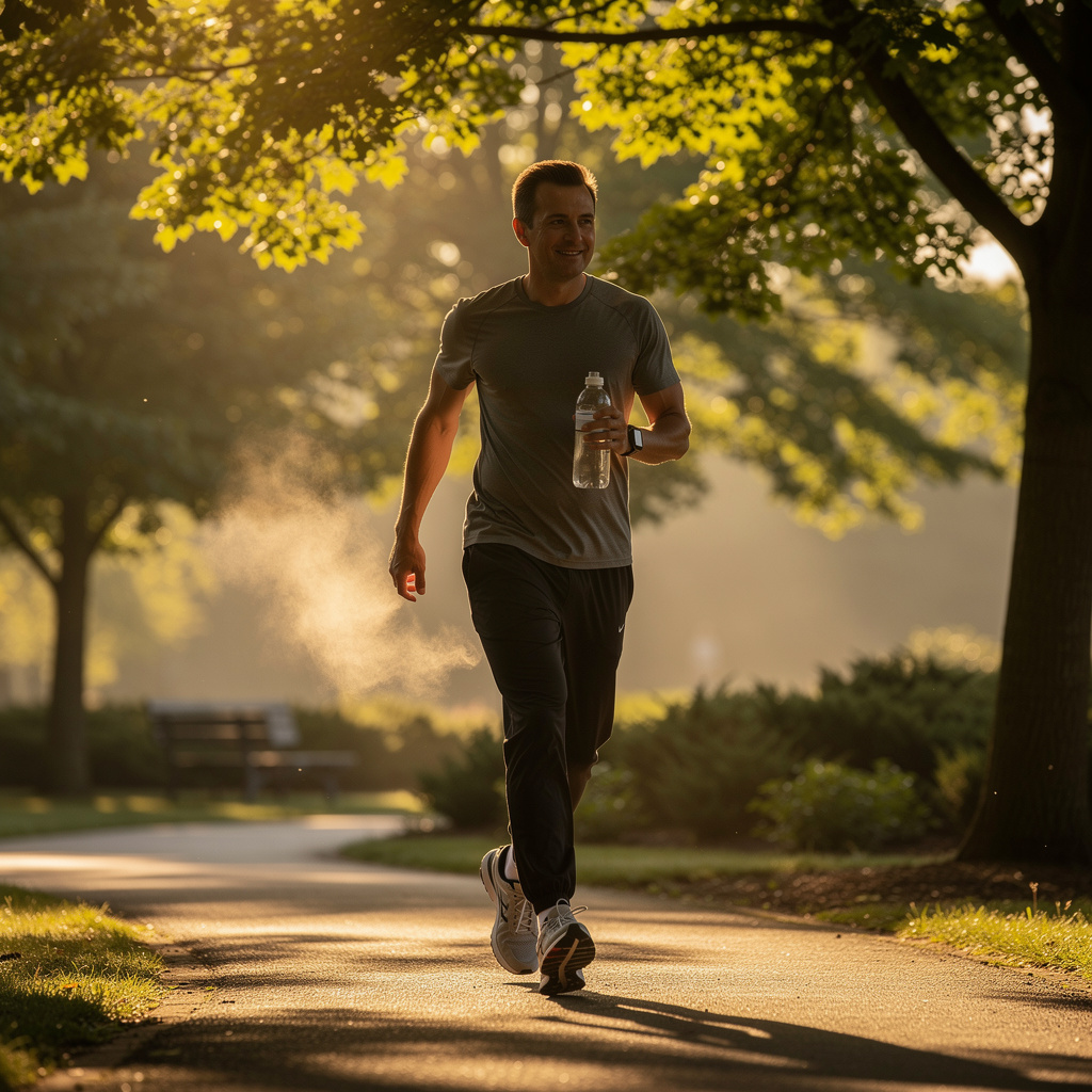 Adult walking on a sunlit morning path with a water bottle, representing daily habits like movement and hydration that support focus and concentration.