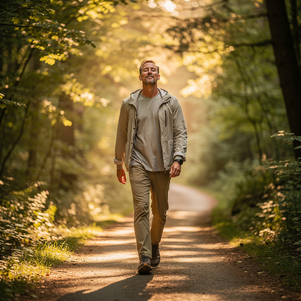 Man engaging in stress-reducing activity like outdoor walking, supporting hair recovery from telogen effluvium