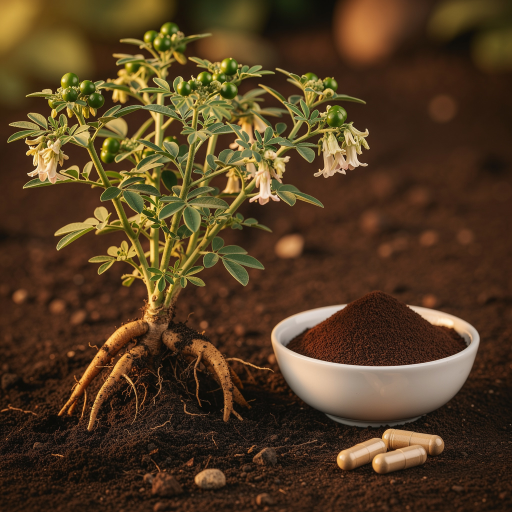 Ashwagandha plant with berries and flowers alongside powdered extract and supplement capsules in a traditional Ayurvedic medicine setting