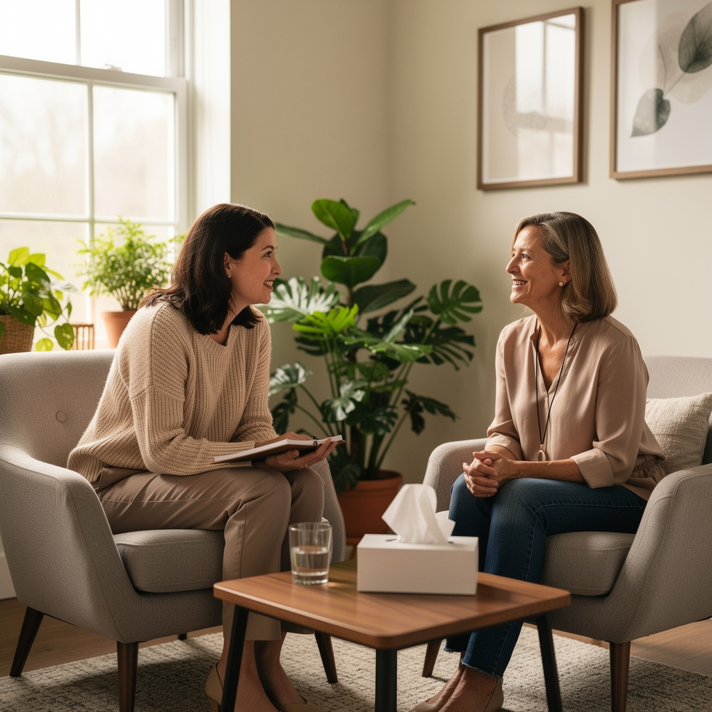 A woman consulting with a clinician about hormone therapy options in a comfortable office setting.