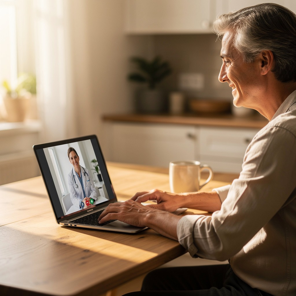 talking with a clinician about bhrt and sleep, a relaxed telemedicine consultation from home