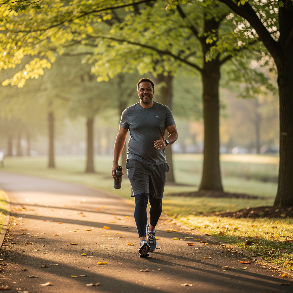 A person walking outdoors with a water bottle, since movement is the evidence-based way to support lymphatic drainage.