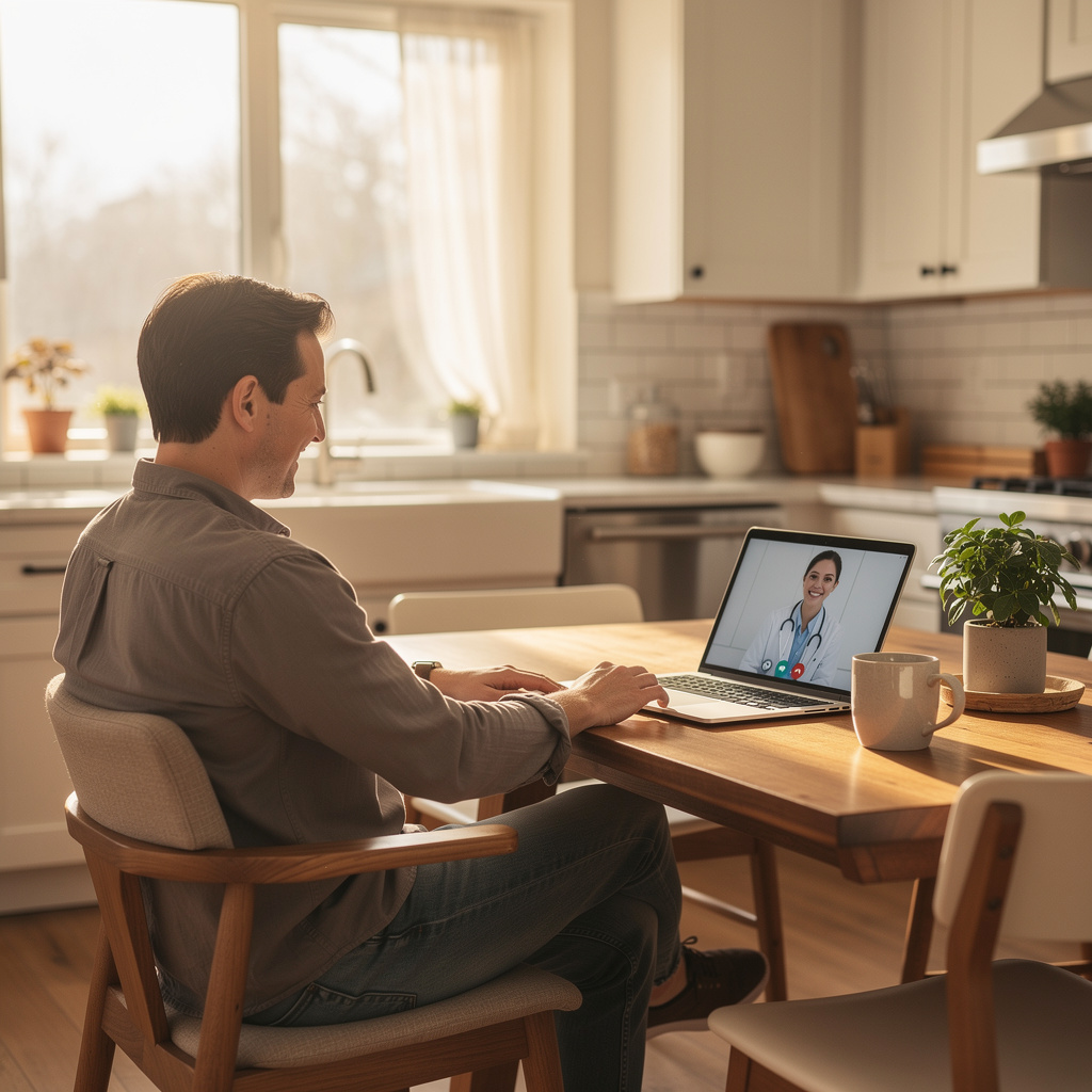 A person having a relaxed telehealth consultation at home about probiotic safety and gut related brain fog.
