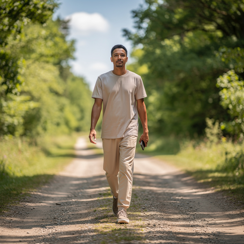 A person walking outdoors alone in daylight, calm and grounded