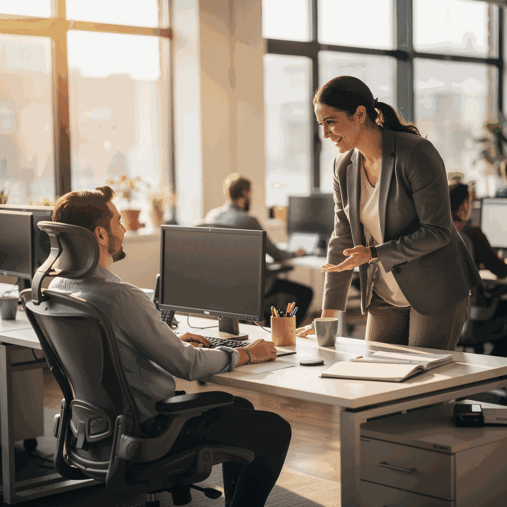 Employee returning to their desk and greeting a colleague, representing returning to work after an autoimmune flare