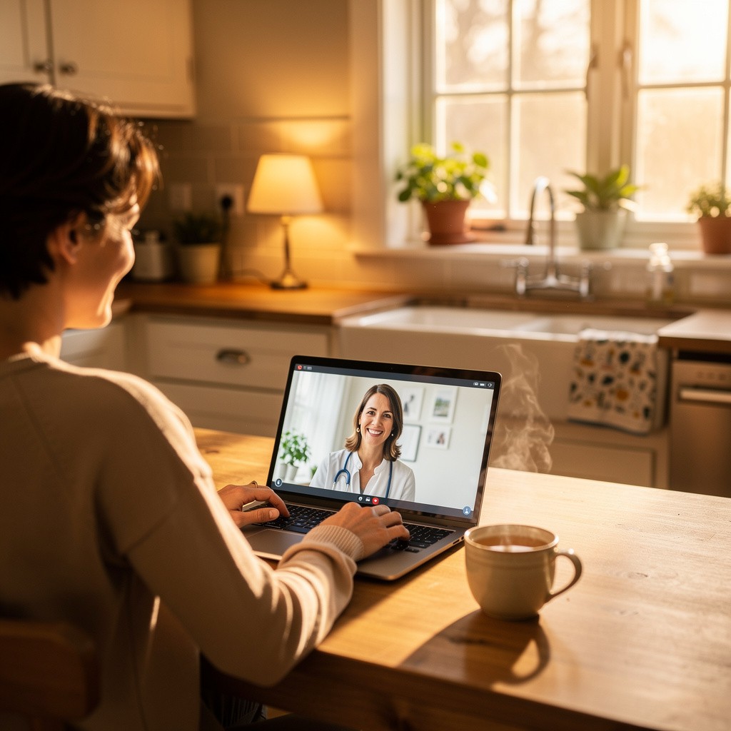 A friendly telehealth conversation from a kitchen table representing how to discuss gut health and hormone balance with a healthcare provider