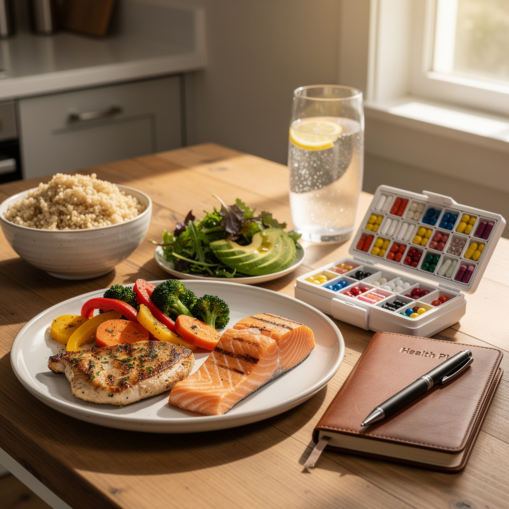 A whole-foods meal and supplements representing a personalized functional medicine care plan for digestive health.