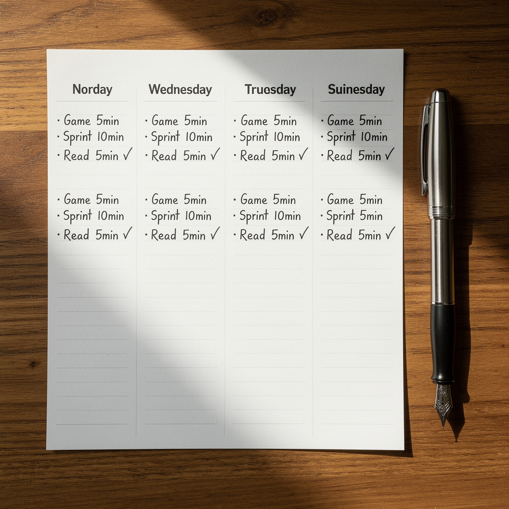 Weekly planner showing a 20-minute daily concentration routine with check marks, representing consistent brain training habits for better focus.